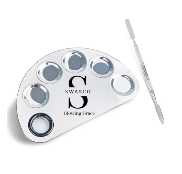 SWASCO™Cosmetic 5 Dip Makeup Mixing Palette with Spatula | Stainless Steel Makeup Blending Tool for Foundation, Eyeshadow & Creams Pack of 1 | D Shaped, Perfect for Makeup Artists