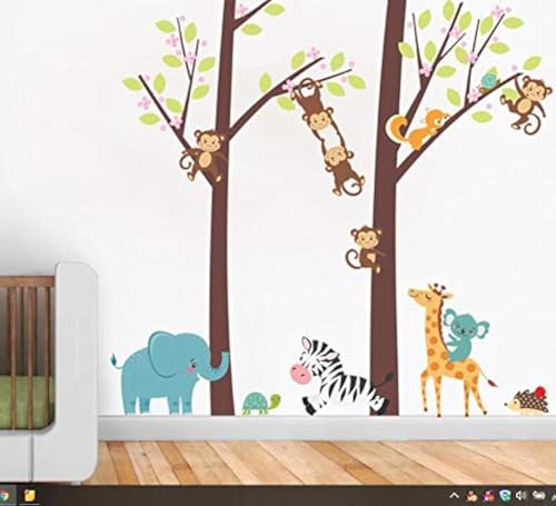 COVPAW Stickers muraux pour chambre d'enfant - Animaux du zoo - Singes jouant à une balançoire - Forêt de la jungle - Arbre de la jungle - Chambre d'enfant