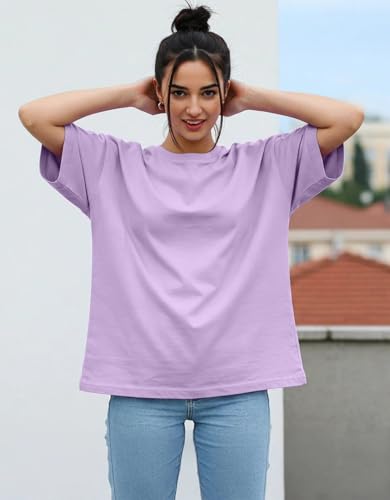 Image of JUNEBERRY Pure Cotton Oversized Baggy Fit Half Sleeve Drop Shoulder Plain Solid Round Neck T-Shirt for Women (Available in Black, White, Lilac, Cork, Maroon, Royal Blue, Swan White, Soap Nut Colors)