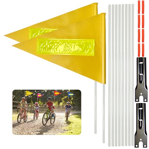 2 Pcs Bike Safety Flag with Poles Yellow Reflective Strip Flag Adjustable Height Fiberglass Pole Safety Sign High Visibility Bicycle Flag Tear-Resistant Waterproof