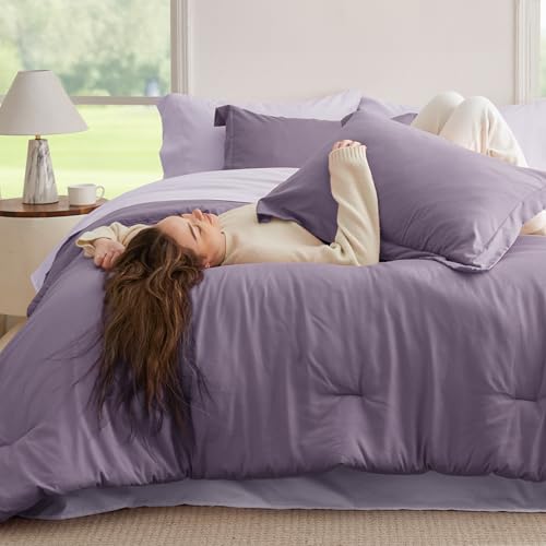 Image of Bedsure King Size Comforter Set - 7 Pieces Grayish Purple King Bedding Set for All Seasons, Boho Contrasting Design Bed in a Bag with Comforter, Sheets, Pillowcases & Shams
