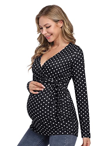 KOJOOIN Camiseta de lactancia de maternidad de manga corta con cuello en V, parte superior de lactancia materna plisada frontal, ropa de maternidad, túnica de embarazo, Negro-03, M