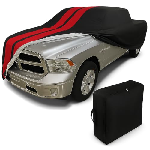 Image of SR1 Performance USA Ultraguard Truck Cover for 2002-2026 Ram 1500 Crew Cab 5.5ft Bed - Custom Fit, 300D Water Resistant, UV Protection, Soft Lined Indoor /Outdoor Pickup Cover (Black with Red Stripes)
