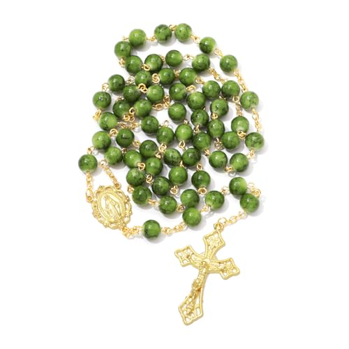 KOMI 8MM Green Glass Rosary Beads Catholic for Women 18K Gold Plated Virgin Mary Rosary Necklace Rosarios Catolicos Christian Gifts with Rosary Pouch
