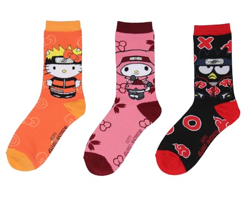 Bioworld Naruto Shippuden X Hello Kitty And Friends Adult 3-Pack Crew Socks For Men And Women