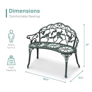 VINGLI 38.5" Patio Park Garden Outdoor Metal Rose Bench,Cast Iron Cast Aluminium Frame Antique Finish Chair,Accented Lawn Front Porch Path Yard Decor Deck Furniture for 2 Person Seat(Green&Black VINGLI 385 Patio Park Garden Outdoor Metal Rose BenchCast Iron Cast Aluminium Frame Antique Finish ChairAccented Lawn Front Porch Path Yard Decor Deck Furniture for 2 Person SeatGreenBlack