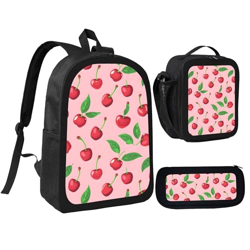 Fruit Cherry Cartoon 3 Pcs 17 Inches Backpack Set with Insulated Lunch Bag And Pencil Pouch Large Back Pack for Men Women Lunchbox Pencil Case Waterproof Backpacks Lunch Box 3 Piece Daypacks