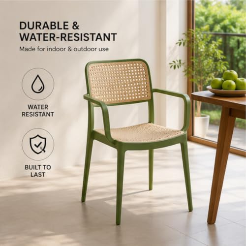Image of NARSA Modern Rattan Style Dining Chair for Home & Cafe | Cane Pattern Plastic Chair with Ergonomic Backrest | Lightweight & Durable Indoor Outdoor Seating Chair (Green, with Arm, Set of 2)