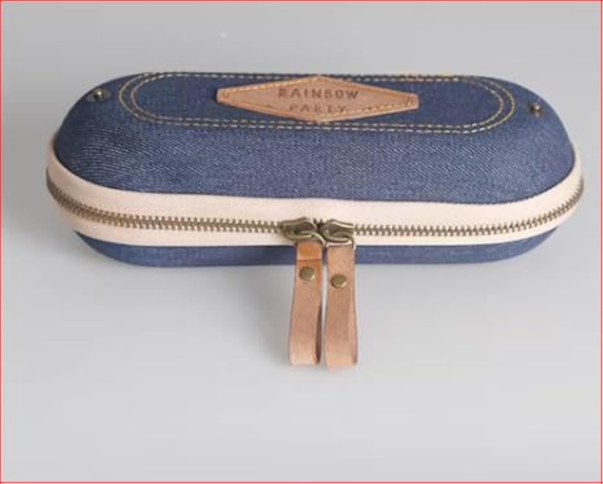 Denim Pencil Case with Leather Trim, Zip Around Design