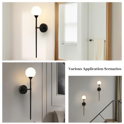 Image of Single Black Globe Glass Wall Sconce with Milk White Glass Shade