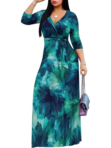 Image of Plus Size Maxi Dress for Women V Neck 3 /4 Sleeve Wrap Dress