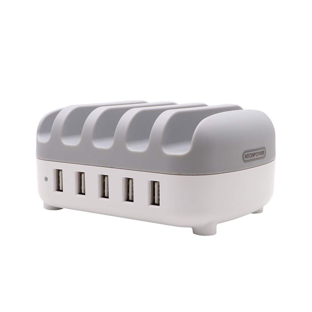5 Ports USB Charging Station with Phone and Tablets Holder, NTONPOWER Smart Charger for Multiple Devices, Compatible with Apple iPad iPhone Android Phone, USB Fast Charging Dock for Home, Office