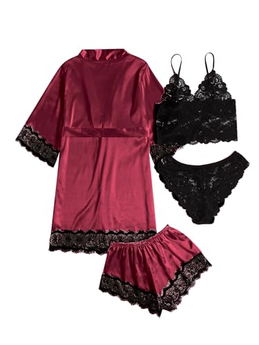 Image of SOLY HUX Women's Satin Pajama Set with Lace Trim - 4-Piece Sleepwear & Robe
