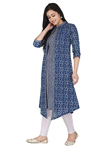 Image of KANNAHI Women Pure Cotton Printed Straight Calf Length Regular Jaipuri Kurta and Shrug Set with Floral Print for Womens & Girls Grey