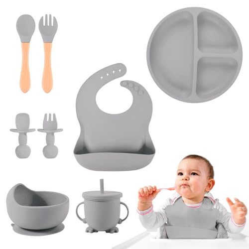 Raganet, Juego de Platos y Cubiertos para Bebé de Silicona, Set de 8 Piezas Libres de BPA, Babero, Plato, Tazon y Cubiertos, Seguros y Resistente (Gris)