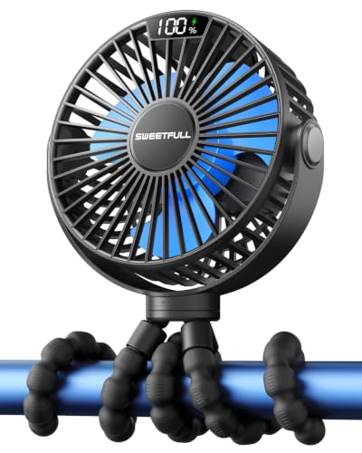 Image of SWEETFULL 4000mAh Portable Stroller Fan with LED Display, 4 Speed Rechargeable Mini Clip On Fan, 360 Rotate Flexible Tripod Better Cooling Small Baby Fan for Car Seat Crib Travel Treadmill