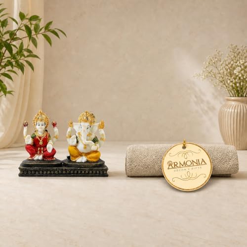 Image of ARMONIA Premium Laxmi Ganesha Idol for Home Decor & Pooja | 4.7 Inch Handmade Ganesh Murti | Marble Finish Polystone Lakshmi Ganpati Statue for Mandir, Office | Best Gift for Wedding & Housewarming