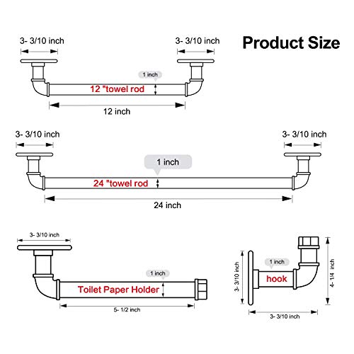 Houseaid 4-Pieces Industrial Pipe Towel Holder Set, Rustic Steel Towel Rack Kit, Farmhouse Vintage Style Towel Bar Accessories For Bathroom, Wall Mounted, Antique Silver #TOP4