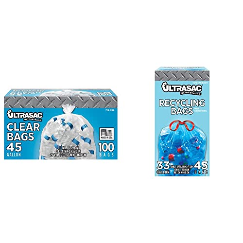 Ultrasac Heavy Duty 45 Gallon Garbage Bags Industrial Quality Clear Trash Bags For Paper, Plastic, Cans, Bottles, Newspaper, Grass, Lawn & Ultrasac Blue Recycling Bags 33 Gallon 0.9 Mil #TOP15