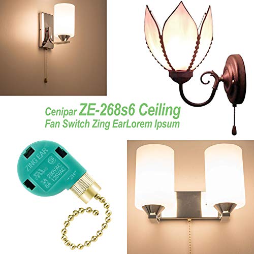 Image of ZE-268s6 Ceiling Fan Switch Zing Ear Gold Pull Chain 3 Speed 4 Wire (2 Pack) for Ceiling Fans, Wall Lamps, Cabinet Light by Cenipar