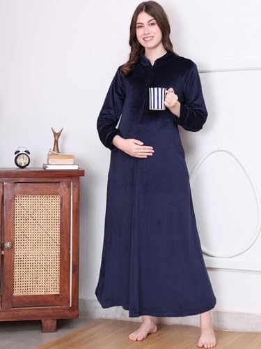 Image of Secret Wish Solid Velvet Maternity Nighty Full Length