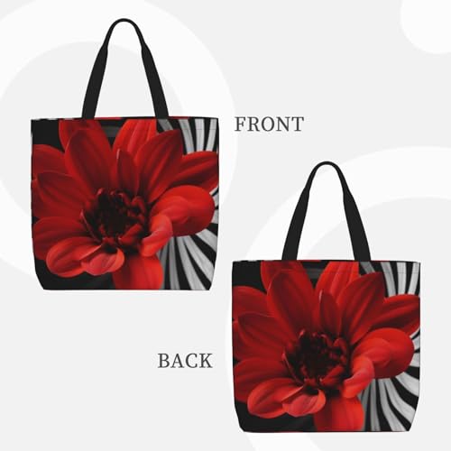 Red Flower Tote Bags for Women Canvas Tote Purse Large Shoulder Bag Aesthetic Shopping Bags Reusable Grocery Bag Hobo Bags Casual Handbags, Top Zipper Closure2