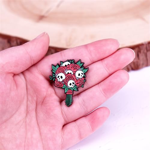 yangjinyuCartoon Flower Bouquet Skeleton Enamel Pin Gothic Punk Skull Brooch Cartoon Halloween Brooch Lapel Pin Fun Jewelry Gift for Women Men Girls Boys, Red4