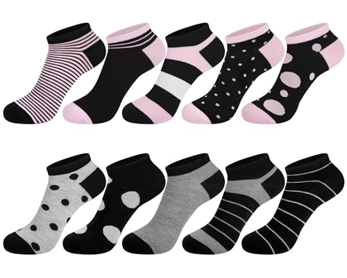 Softcozy 10 Pares de Calcetines Deportivos para Mujer con Estampado de Rayas, Lunares y Corazones. Suaves y Transpirables, el Perfecto. Talla única. (Rosa gris negro)
