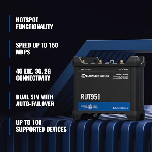 Image of Teltonika RUT951 Industrial WiFi Cellular Router - 4G LTE (CAT 4), 3G - Wireless Access Point with Hotspot Functionality - Automatic WAN Failover, Dual SIM Internet Router (TELRUT951A00800)