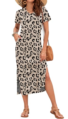 Image of MISFAY Womens Maxi Dress Short Sleeve V Neck Loose with Pockets | Soft stretchy breathable, v neck loose fit, side split hem, two side pockets, casual daily beach vacation travel dress