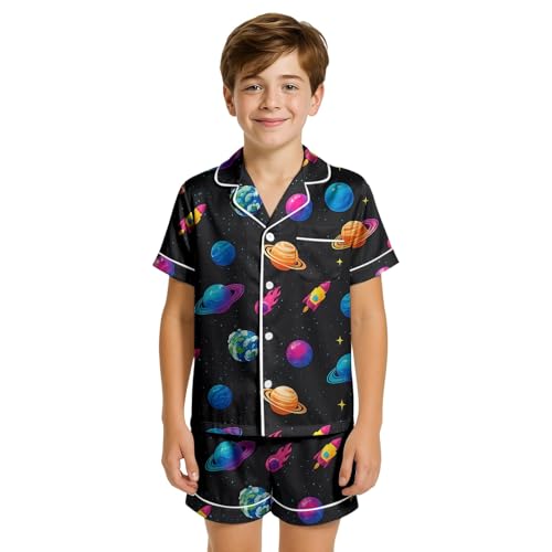 Pijama de forro polar para niño Conjunto de pijama de manga corta camisa y pantalones cortos, ropa de dormir de 2 piezas para niños, ropa de dormir cómoda e informal, cintura elástica, tela suave