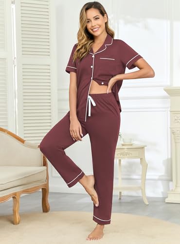 Image of Veseacky 100% Cotton Pajamas for Women Set Short Sleeve Button Down Sleepwear Soft 2 Piece Summer Pjs Lounge Sets S-XXL