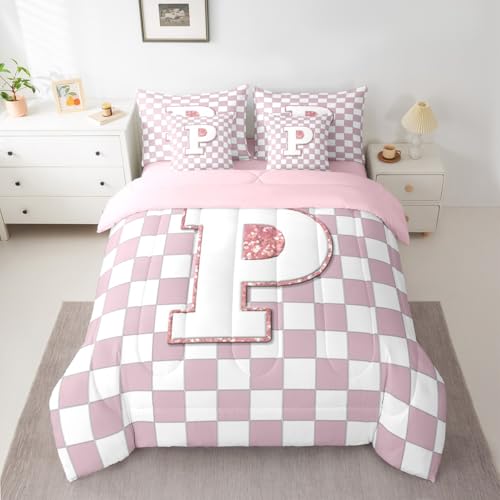 Image of Erosebridal Pink Initial P Full Comforter Set with Sheets 7 Piece Kawaii Plaid Checkered Bed in A Bag Cute Personalized Monogram Bedding Sets for Kids Girls Teen Women,Fashion Grids Gingham Bed Set