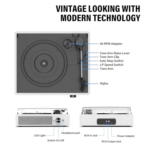 Image of Record Player with Speakers Vintage Belt-Driven Turntable Bluetooth 3 Speed 3 Size Wireless Playback AUX-in RCA Out Headphone LP Vinyl Players Auto Stop Fashion White