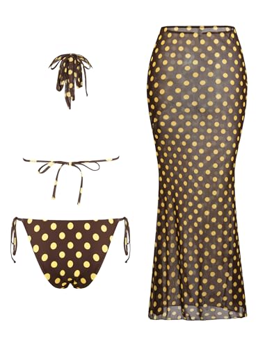 Image of ZAFUL Women's 3 Piece Floral Swimsuit Draped Neck Halter Bikini Tie Side Bathing Suit with Sheer Cover Up Skirt