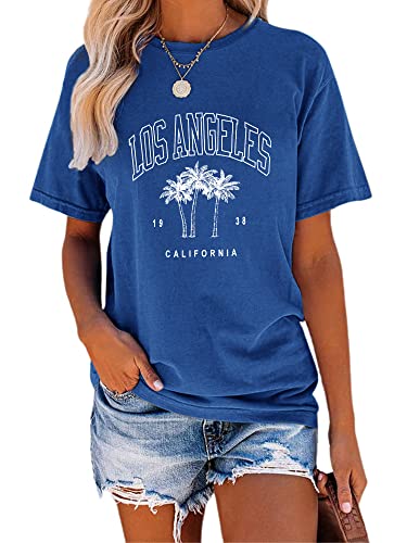 TAKEYAL Womens Graphic Tees Los Angeles T Shirts California Letter Print Short Sleeve Casual Tops (Blue M)