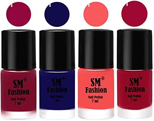 Image of Nail Polish Combo Set (Pack of 4) Quick Dry Gel Finish Nail Paint | Cherry Blossom,Dark Blue,Light Pink,Pure Wine | 7 ml Each