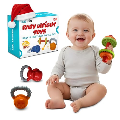 Skywin Baby Gym Set 3 Pcs Developmental Play Set for Infants (0 18 Months) - Toddler Gym Equipment Includes Kettlebell Barbell & Boxing Gloves Sensory & Motor Skill Learning Toys