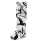 IXU Women's Faux Fur Boot Furry Fluffy Round Toe Suede Winter Comfy Plush Warm Short Outdoor Indoor Flat Shoes Knee-High Boots