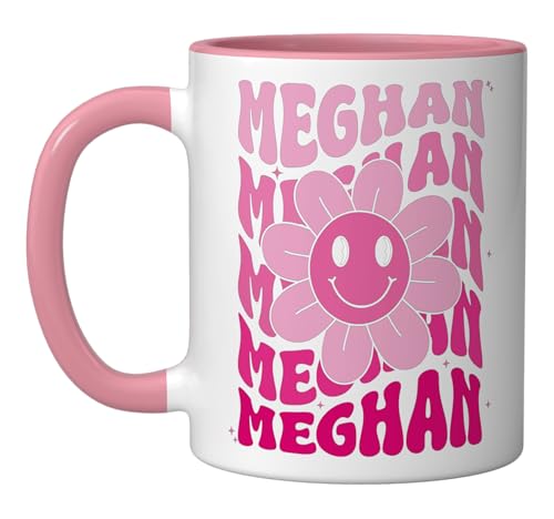 Meghan First Name I Love Meghan Girl Groovy 80's Vintage Ceramic Mug, Pink/White