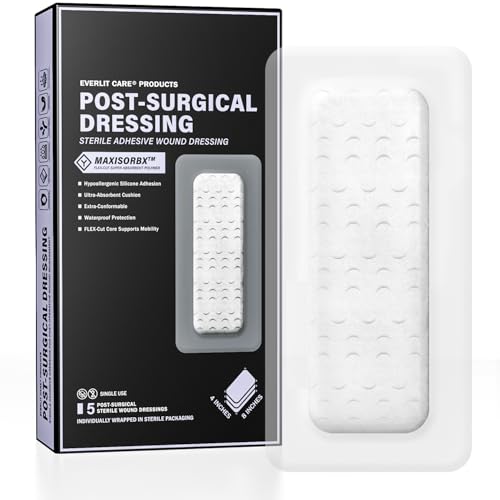 EVERLIT Post-Surgical Dressing | Sterile Waterproof Adhesive Dressing for Post-Operative Wound Care | Hypoallergenic Silicone Coated Bandage for Surgical Incision Pack of 5 (4 x 8)