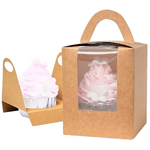 Gbateri, 60 scatole singole per cupcake con inserto e finestra trasparente, colore marrone kraft, per cupcake con manico, contenitore per cupcake, scatole da forno, mini scatole regalo