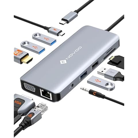 NOVOO 11-in-1 USB C Hub Docking Station to HDMI 4K, VGA, PD 100W, USB 3.0/2.0, SD/TF, Ethernet RJ45, Audio, USB C Docking Stations for MacBook HP Dell Cover