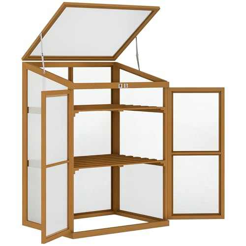 Outsunny Wooden Cold Frame Greenhouse with Adjustable Shelves, Mini Greenhouse Cabinet with Transparent Openable Top and Double Doors for Outdoor and Indoor, 30' L x 24' W x 44' H, Brown