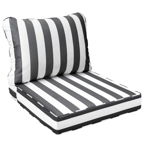 Image of AAAAAcessories Outdoor Seat Cushions for Chairs, Fade-Resistant, Waterproof Patio Furniture Replacement Cushions, 21 inch x 19 inch x 3 inch + 21 inch x 19 inch, Gray Cabana Stripe