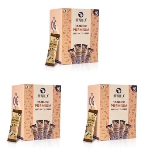 Image of Bevzilla 96 Instant Coffee Powder Sachets (Hazelnut) -192 Grams |Arabica Coffee| Easy To Carry|Best For Espresso, Latte, Cappuccino| Enjoy Hot & Cold (Pack of 3)