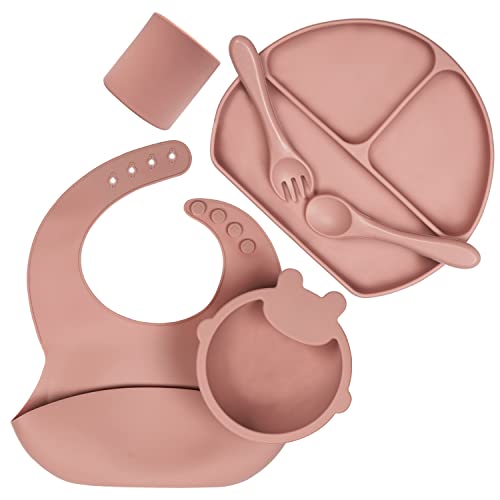 COTTONBEBE Silicone Baby Feeding Set of 6, Suction Baby Plates and Bowls Sets, Baby Led Weaning Supplies, Toddler Fork Spoon Utensils, Bibs, Cup, Fresh Pink