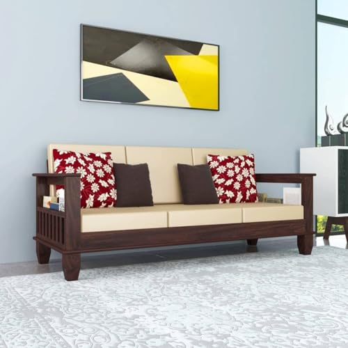 Image of Sheesham Wooden 3 Seater Sofa for Living Room | Rosewood 3 Seater Cushion Sofa for Home & Office | Solid Wood Sofa Set for Lounge (Walnut, 3 Seater)