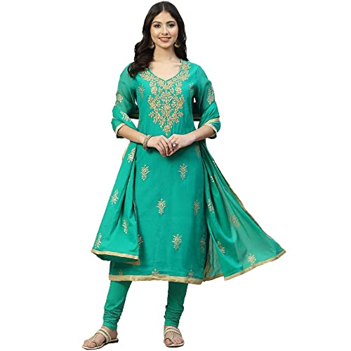 Image of BIBA Women Art Silk Straight Kurta Churidar Suit Set