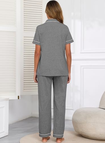 Image of Veseacky 100% Cotton Pajamas for Women Set Short Sleeve Button Down Sleepwear Soft 2 Piece Summer Pjs Lounge Sets S-XXL